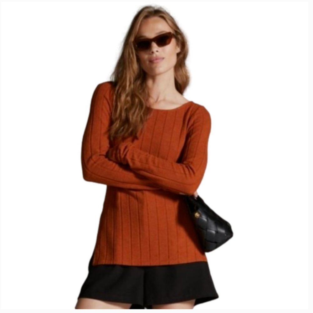Anthropologie Tunic Ribbed Side-Slit Long Sleeve Sweater in Cedar